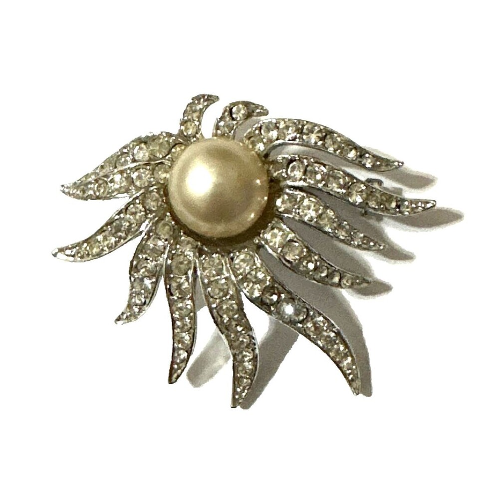 Vintage Celebrity NY Silver Tone Rhinestone Faux Pearl Sunburst Brooch Pin 2"